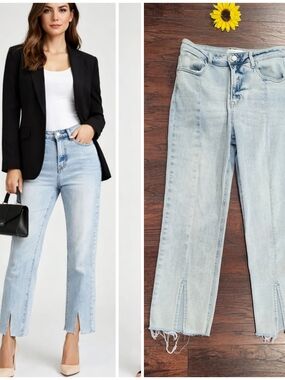 High-Rise Light Blue Split-Hem Straight Jeans